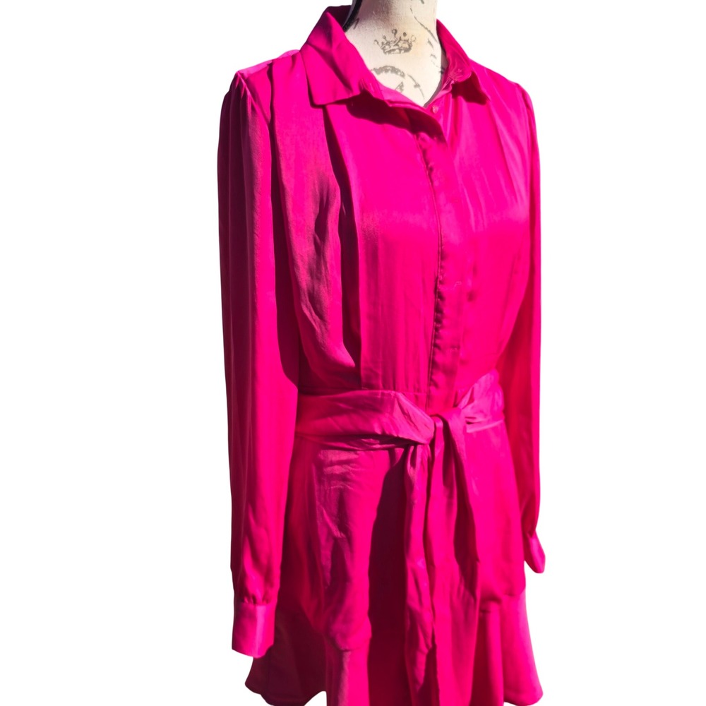 GUESS NWT Hope Dress Shocking Pink Satin Logo Print Belted Ruffle Shirt Dress M - Picture 5 of 14